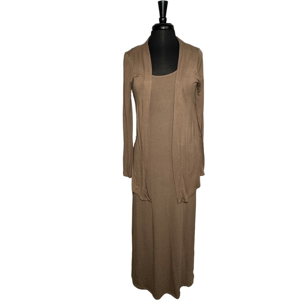 Brown Ribbed Two Piece Maxi Dress Set w Cardigan Size Large